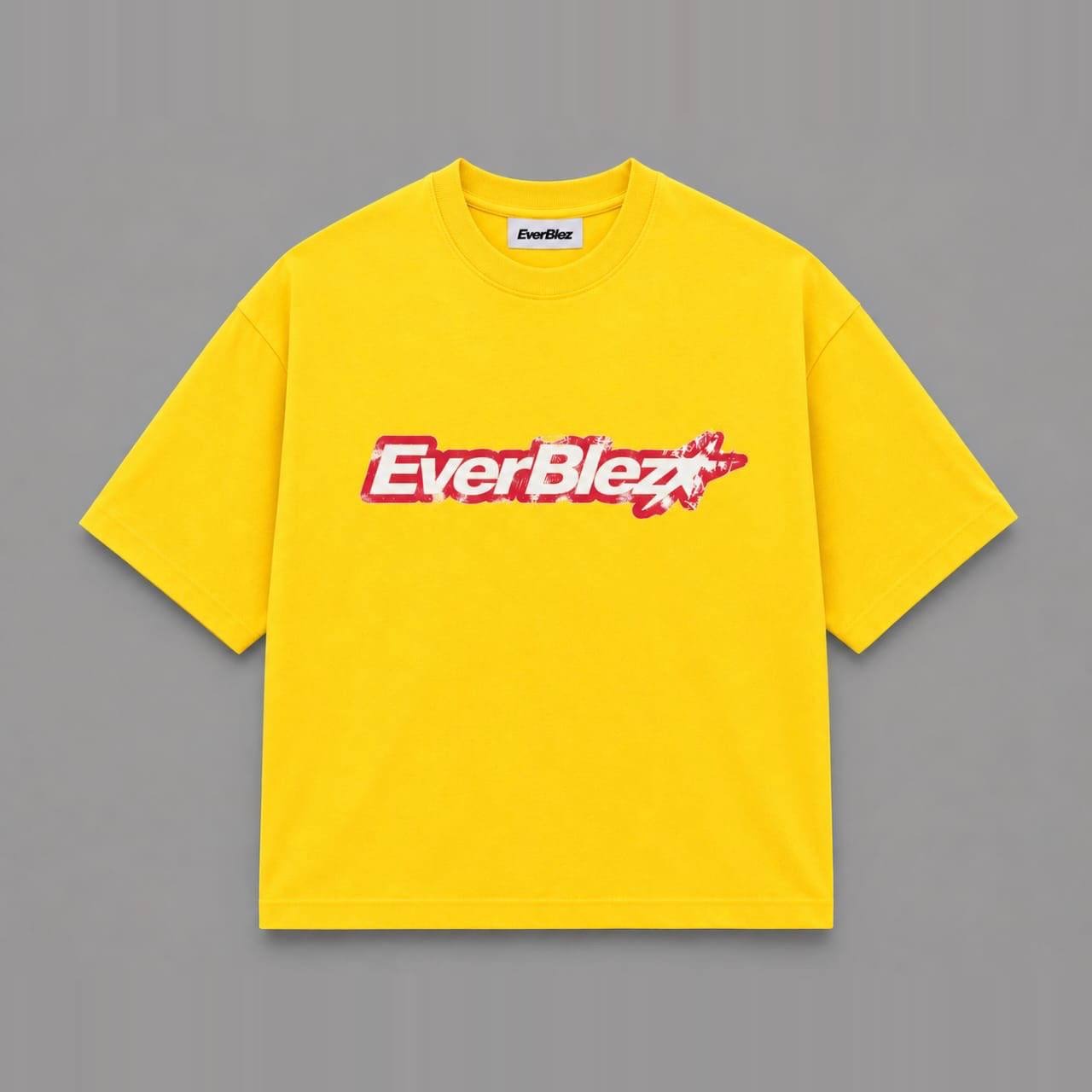 Everblez golden yellow T-shirt front with the EVERBLEZ chest graphic and inner neck label