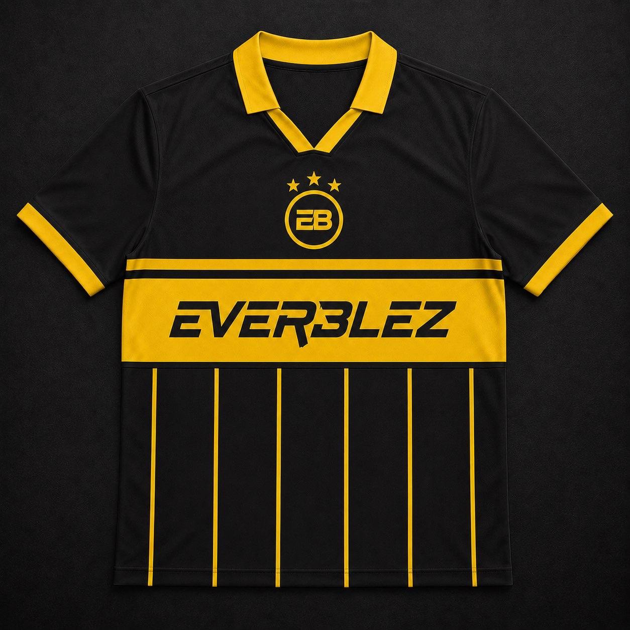 Everblez black and yellow jersey with the EB crest, yellow EVERBLEZ chest band and vertical pinstripes