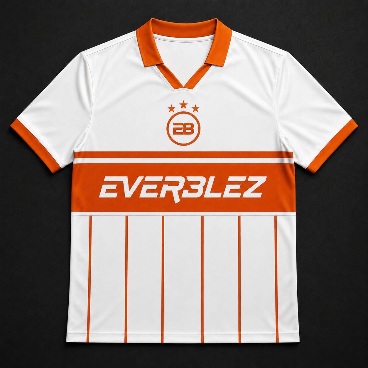 Everblez white and orange jersey with the EB crest, orange EVERBLEZ chest band and vertical pinstripes